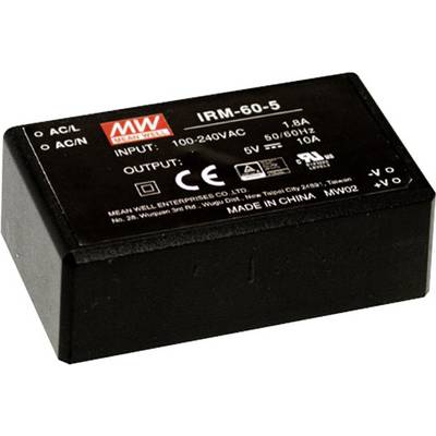 Čierna napájacia jednotka s nápisom 'Vstup: 100-240V AC, Výstup: 5V, 10A'. Výrobca: Mean Well.