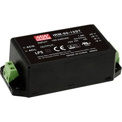 Čierny sieťový adaptér so zelenými konektormi, model 'IRM-60-15ST', so vstupom 100-240VAC a výstupom 15V, 4A.