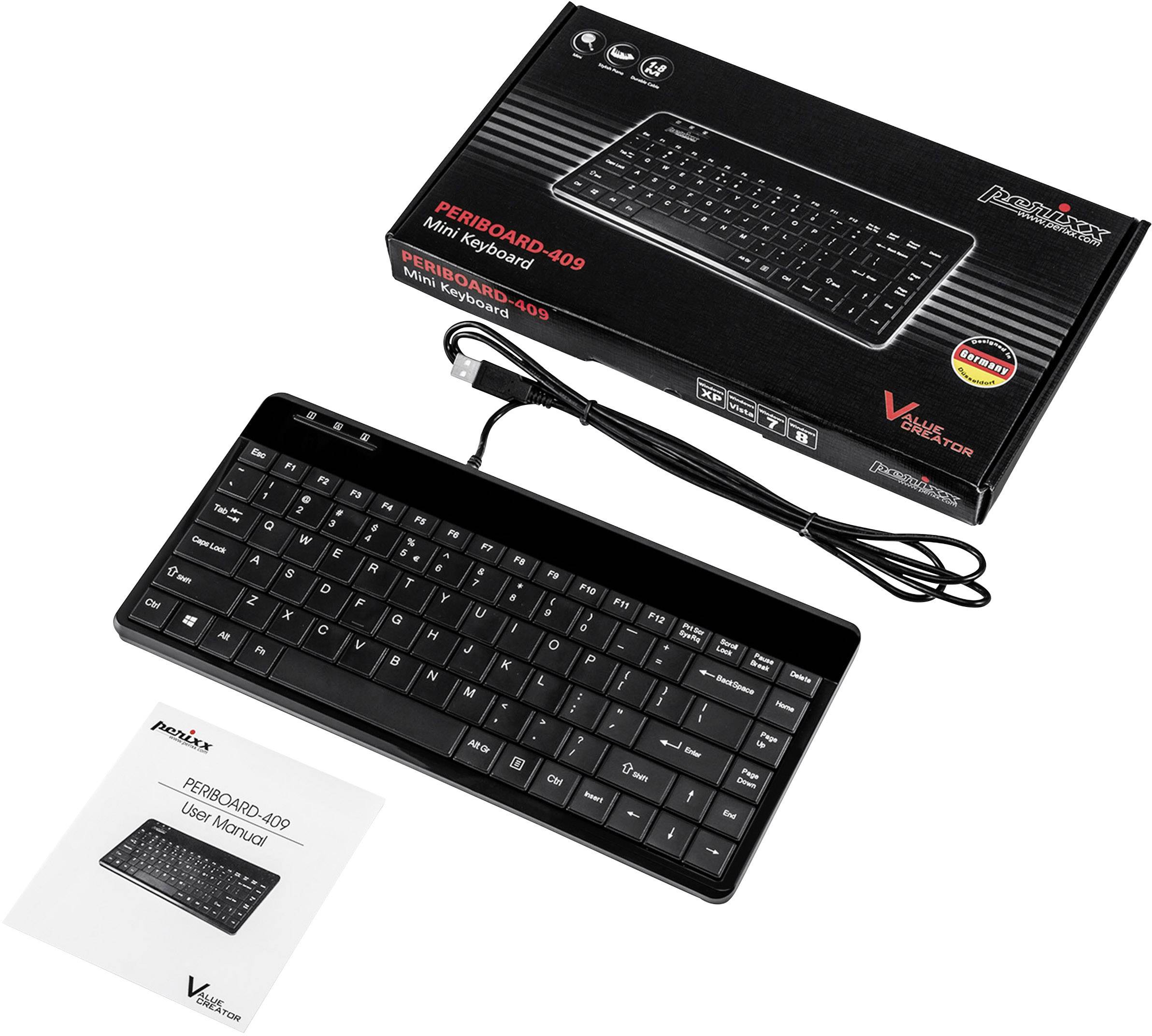 Čierna mini klávesnica a balenie s používateľskou príručkou. Model: PERIBOARD-409 od Perixx. Ideálna pre kompaktné pracovné priestory.