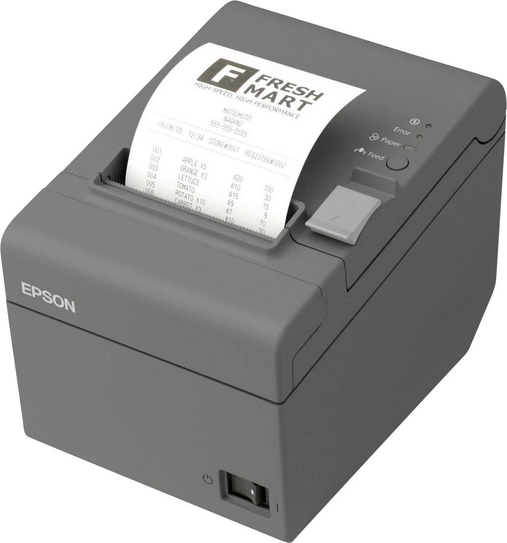 Sivá tlačiareň pokladničných dokladov Epson tlačí nákupný doklad s logom 'Fresh Mart' a niekoľkými cenami produktov.