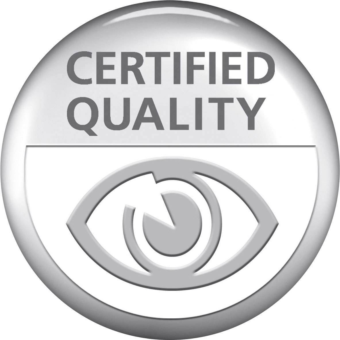 Odznak so sivým pozadím zobrazuje nápis 'CERTIFIED QUALITY' a štylizované oko pod ním.