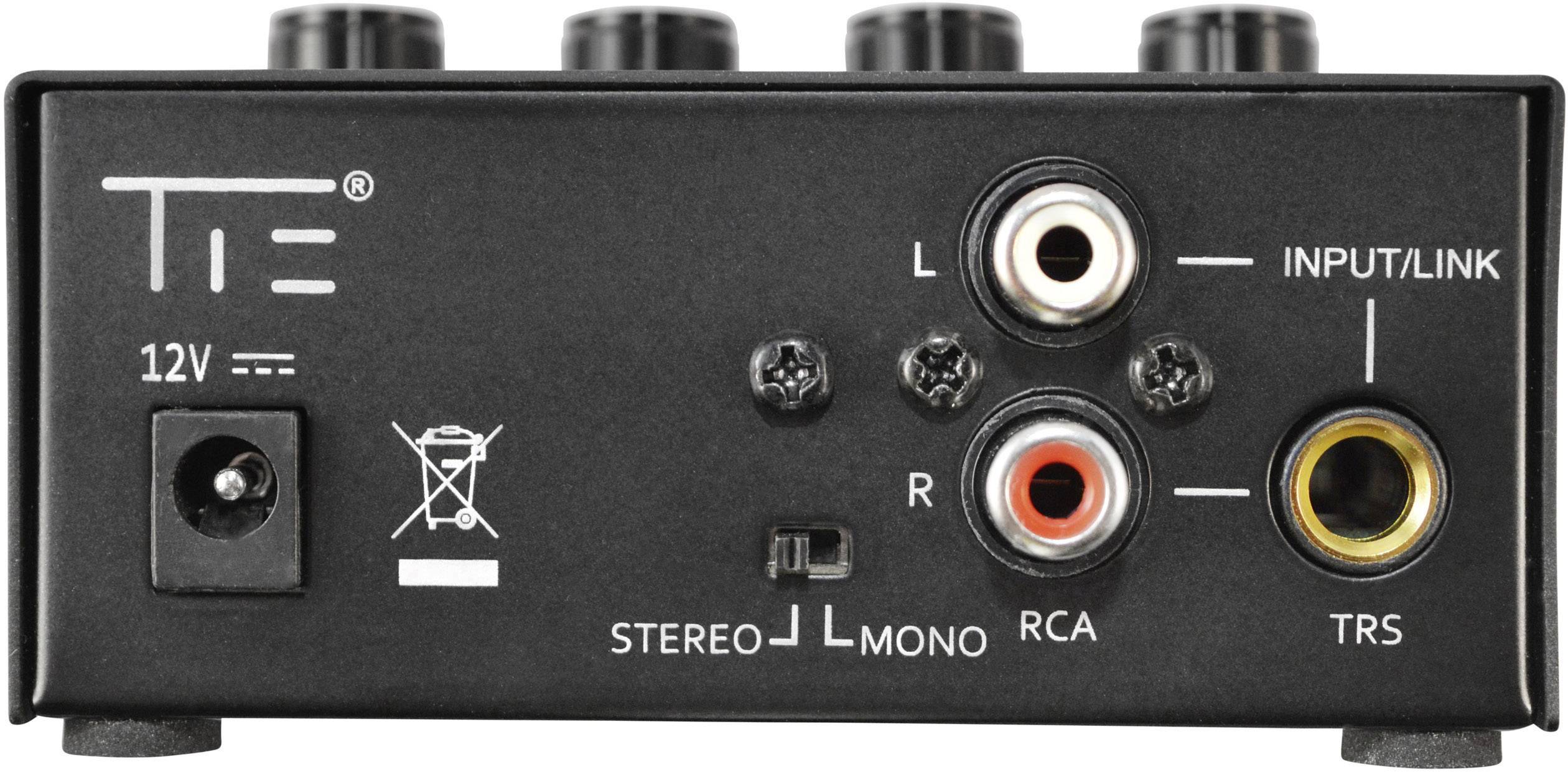 Zadná strana audio zariadenia s konektormi: 12V napájanie, prepínač stereo/mono, RCA a TRS zdierky, označené vľavo a vpravo.