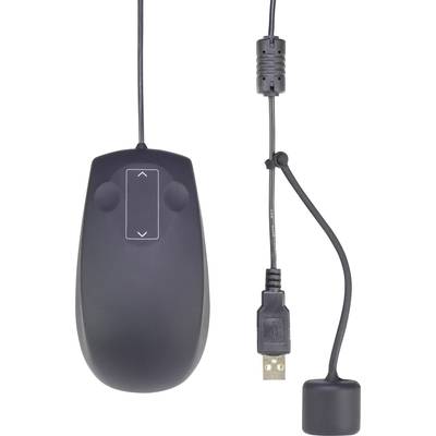 Čierna počítačová myš s USB pripojením a káblom. Myš má touchpad so šípkami nahor a nadol.