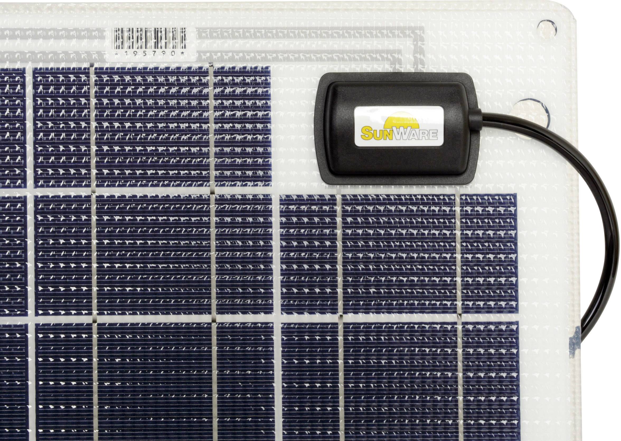 Solárny modul s čiernymi solárnymi článkami a pripojenou súčasťou s logom 'SunWare'. Vhodný na výrobu energie.