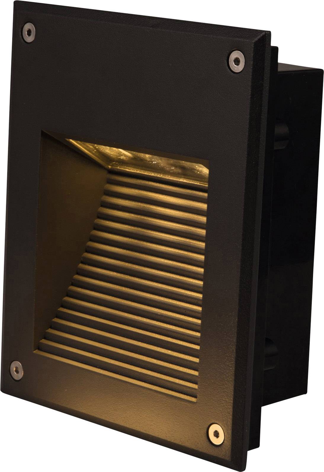 Čierna nástenná lampa s horizontálnymi lamelami a teplým svetlom.