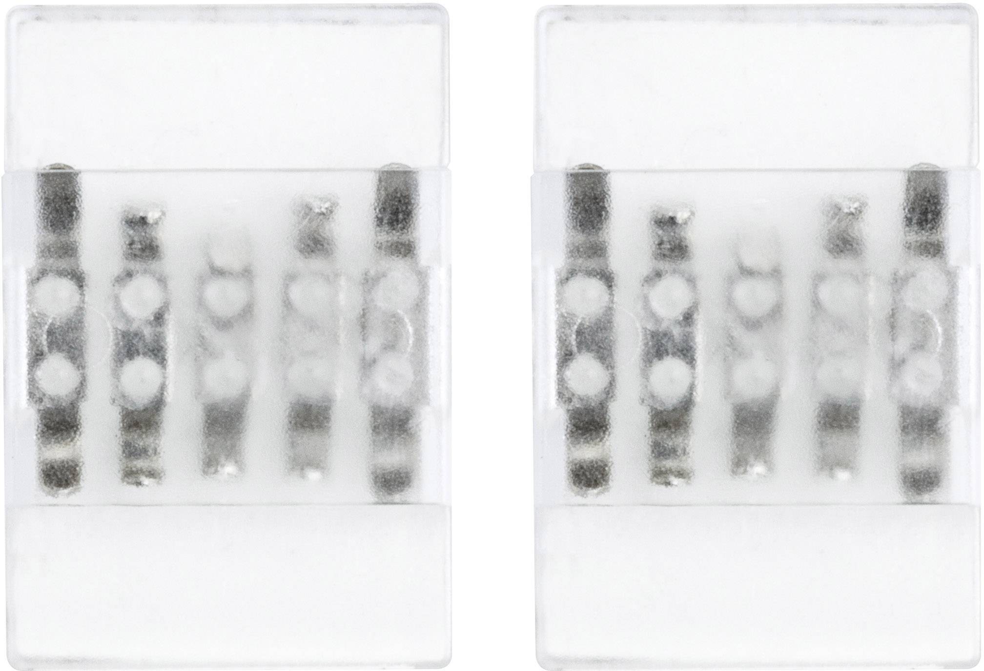 Dva vedľa seba umiestnené štvorpólové spojovacie svorky s priehľadnými krytmi a piatimi kovovými kontaktmi vo vnútri.