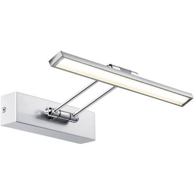 Strieborná LED nástenná lampa s obdĺžnikovým, plochým tienidlom a nastaviteľnými ramenami, vhodná na osvetlenie obrazov.