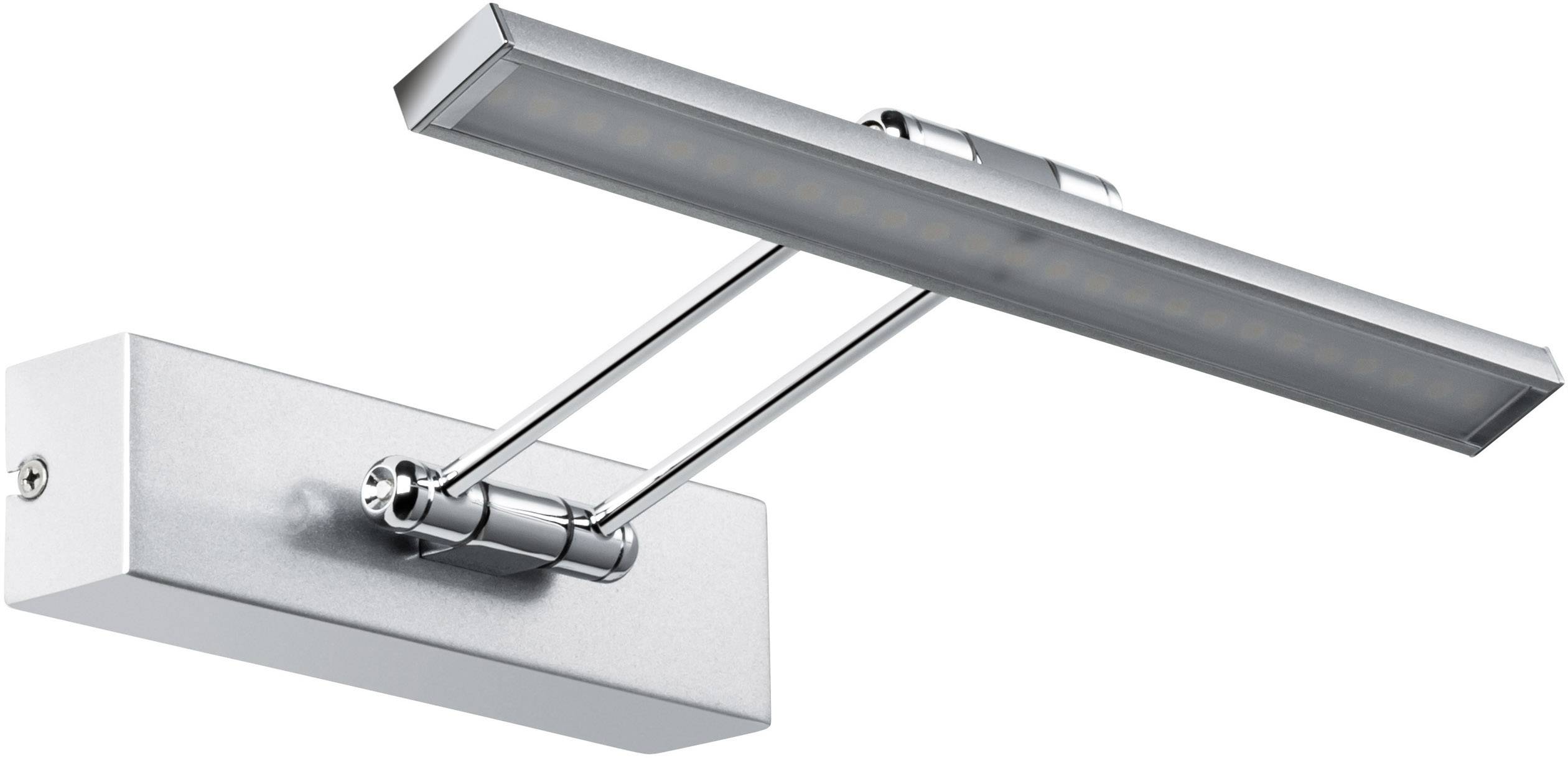 Strieborná, obdĺžniková LED nástenná lampa s nastaviteľným ramenom; vhodná na osvetlenie obrazov. Minimalistický dizajn s moderným vzhľadom.
