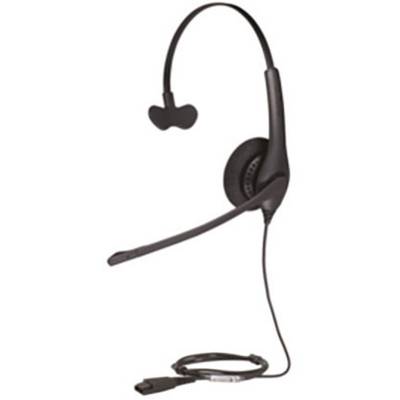 Čierna jednostranná headset so slúchadlom, mikrofónom a káblom. Ideálna pre telefonické hovory v kancelárskom alebo call centrum prostredí.