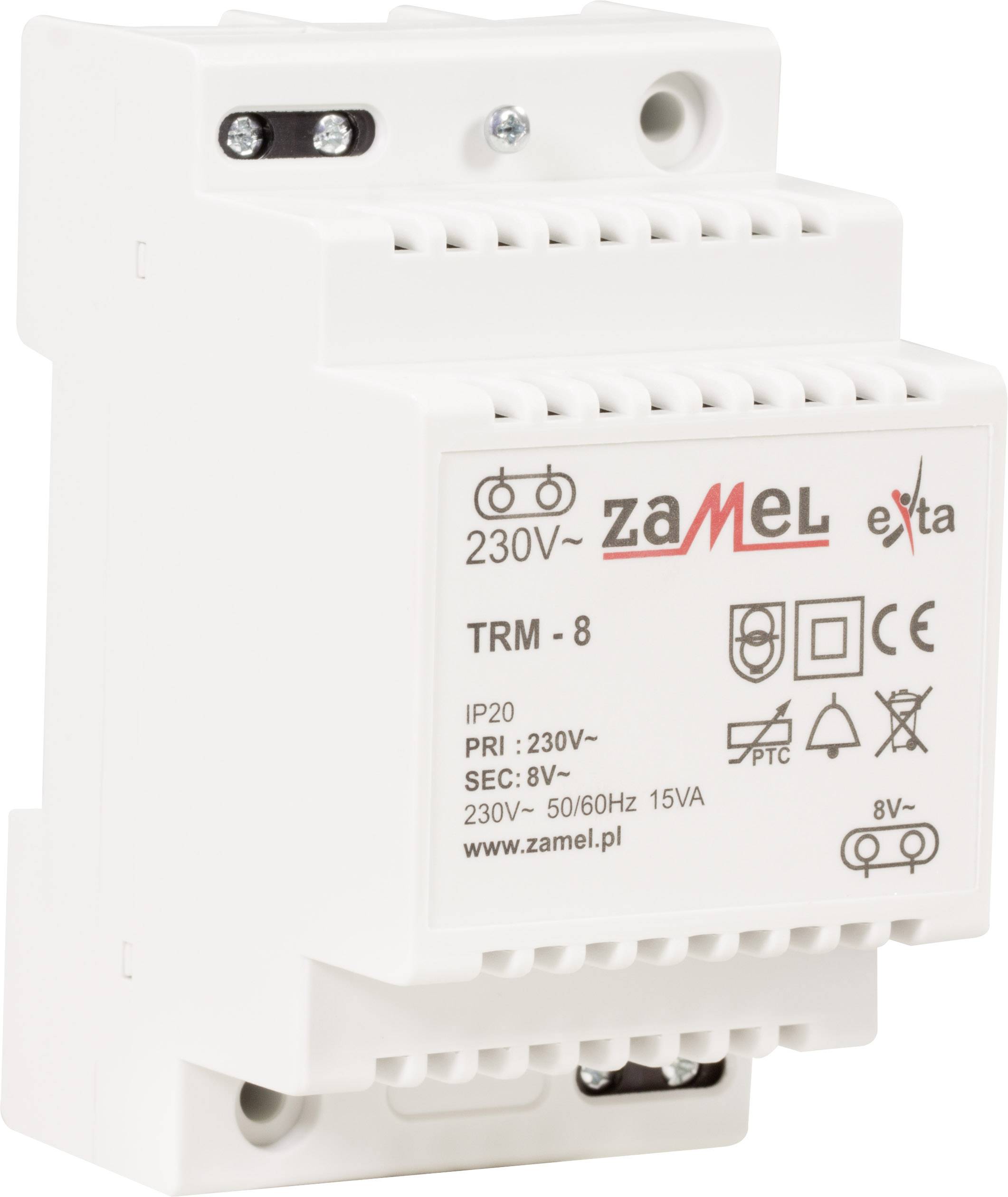 TRM-8 Transformátor, primárne 230V, sekundárne 8V, IP20, značka Zamel. Biela obdĺžniková škatuľa, vertikálne upevnenie, technické symboly.
