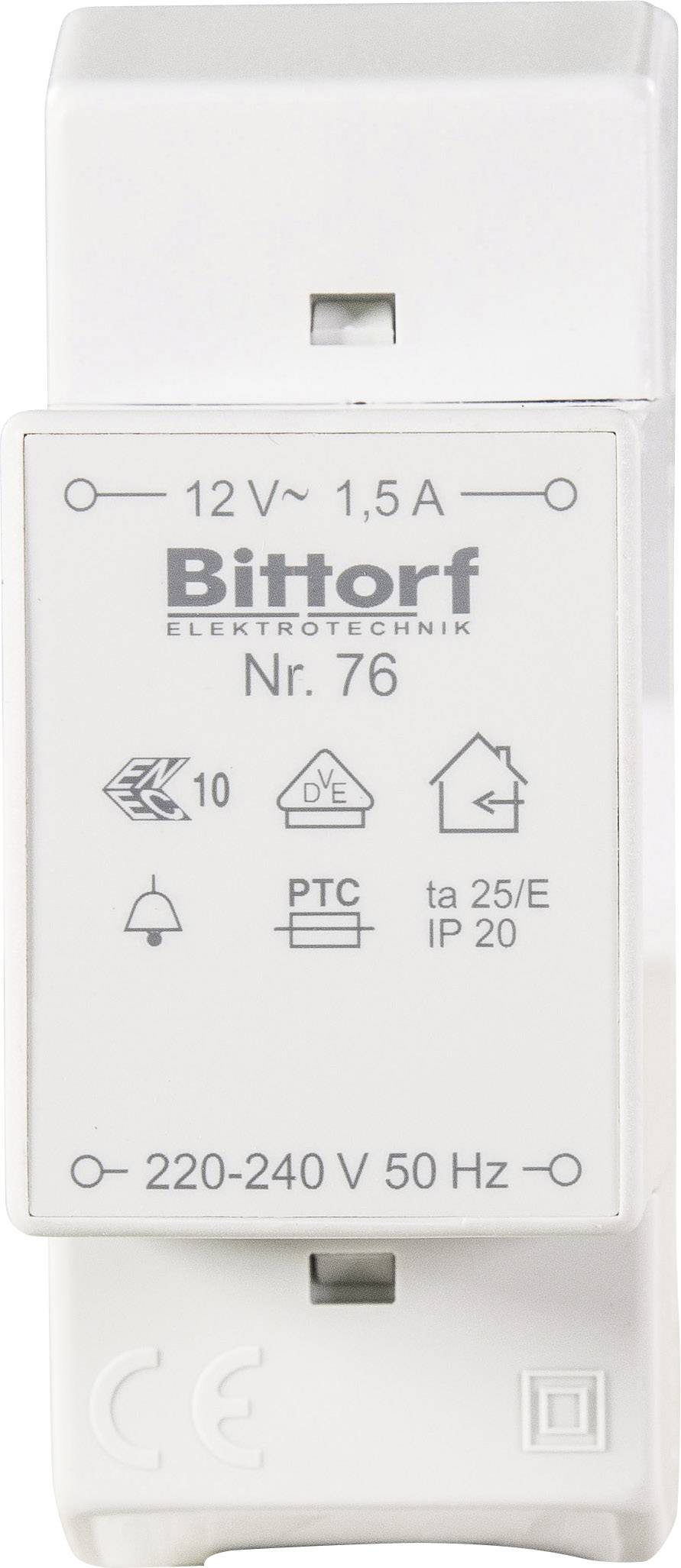 Biela elektrická poistka s textom 'Bittorf Elektrotechnika č. 76', technické parametre: 12V, 1,5A, 220-240V, 50Hz, IP20.