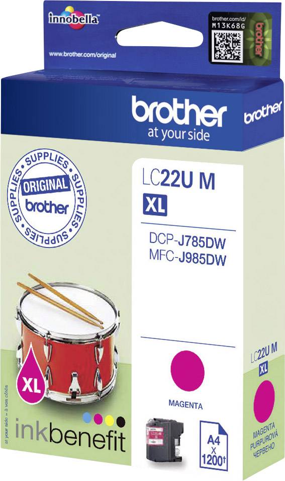 'Atramentová kazeta Brother LC22U M XL v magentovej farbe, vhodná pre tlačiarne DCP-J785DW a MFC-J985DW. Obsahuje červený valec ako dizajnový prvok.'
