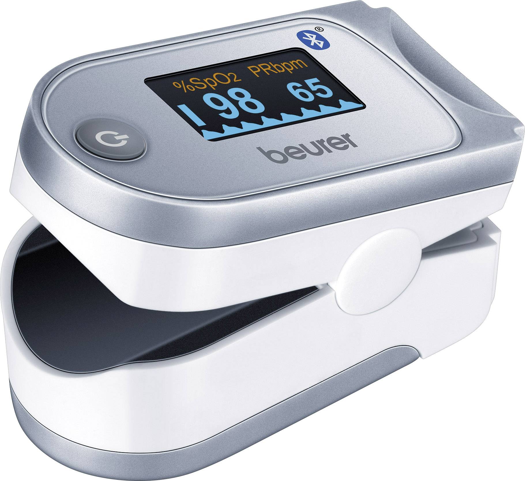 Pulzný oximeter na prst zobrazuje hodnoty '98 % SpO2' a '65 PR bpm' na digitálnom displeji, označený možnosťou Bluetooth.