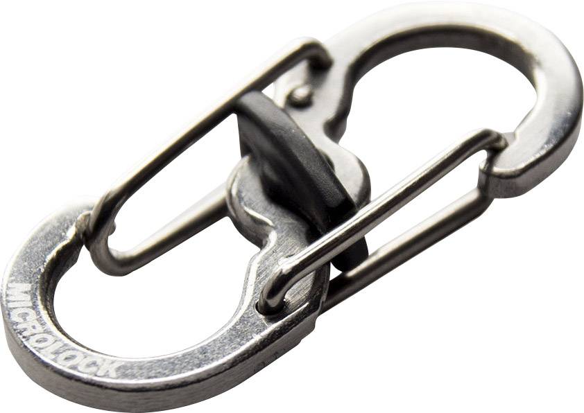 Kovový karabínový zámok s dvojitým uzatváracím mechanizmom, ktorý spoľahlivo spája dva konce. Text 'MICROLOCK' je gravírovaný na jednom ramene.