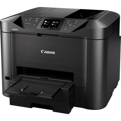Čierny tlačiareň s displejom a tlačidlami na hornej strane. Značka 'Canon', model 'MAXIFY'. Vhodný pre kancelárske a domáce použitie.