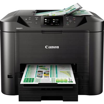 Tlačiareň Canon Maxify tlačí farebný dokument. Ďalší dokument je v podávači. Displej je podsvietený a zobrazuje nastavenia.