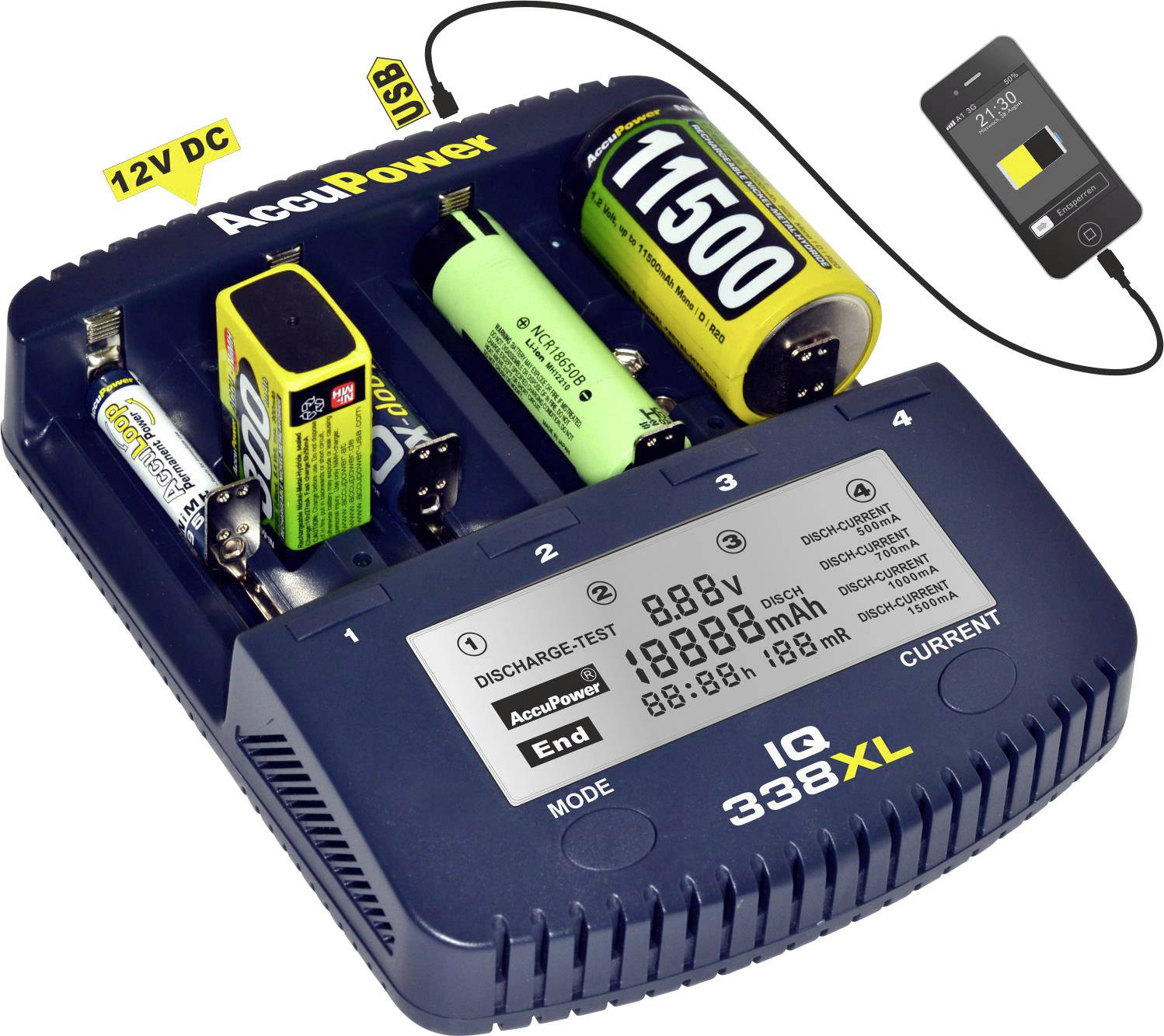AccuPower IQ338XL Batterijlader NiCd, NiMH, Li-ion 10340, 10350, 10440, 10500, 12500, 12650, 13500, 13650, 14500, 14650, 16340, 16650, 17335, 17355, 17500,