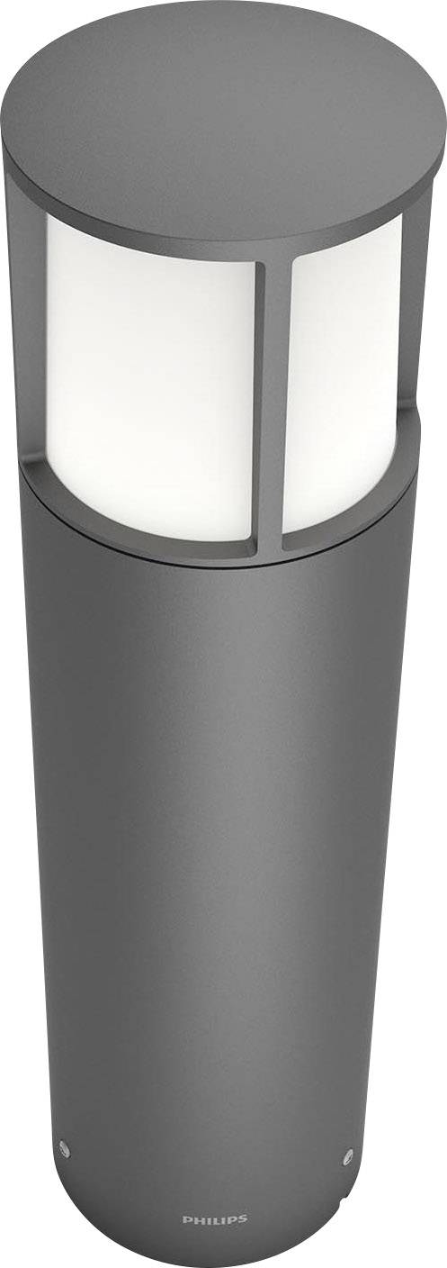 Moderná, valcovitá vonkajšia lampa v čiernej farbe s bielym svietiacim panelom na hornej strane.