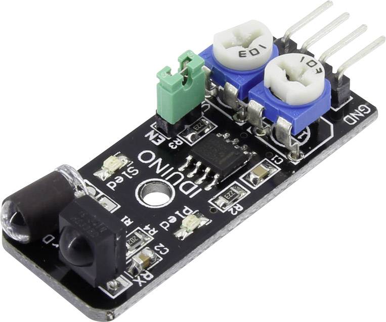 Arduino infračervený senzorový modul s dvoma modrými otočnými potenciometrami a konektormi, používaný na meranie vzdialenosti.