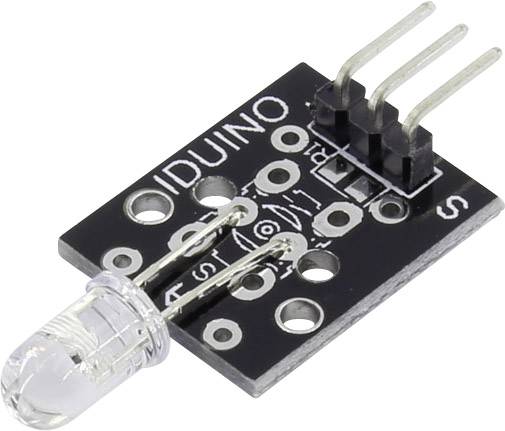 Malý čierny LED modul s tromi kovovými kolíkmi na napájanie a priehľadnou LED diódou na štvorcovej doske.