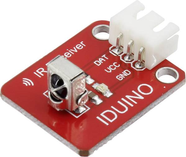 Červený infračervený prijímací modul s nápisom 'IR Receiver' a 'IDUINO', má konektory pre DAT, VCC a GND.