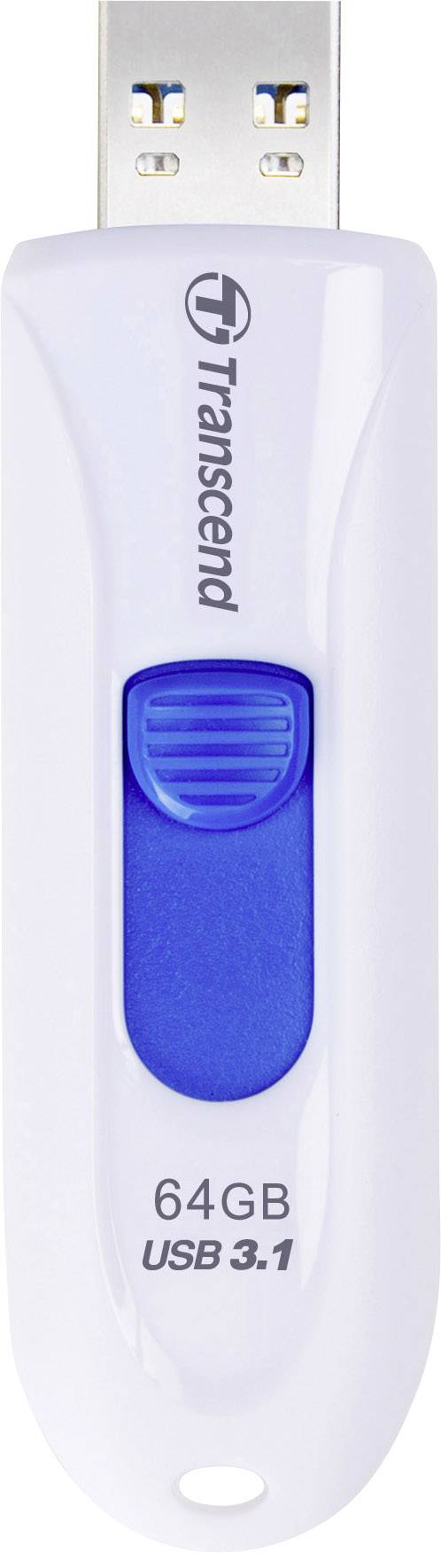 Biely USB kľúč s modrou posuvnou mechanikou. Na hornej strane je vytlačené '64GB' a 'USB 3.1'. Označený logom 'Transcend'.