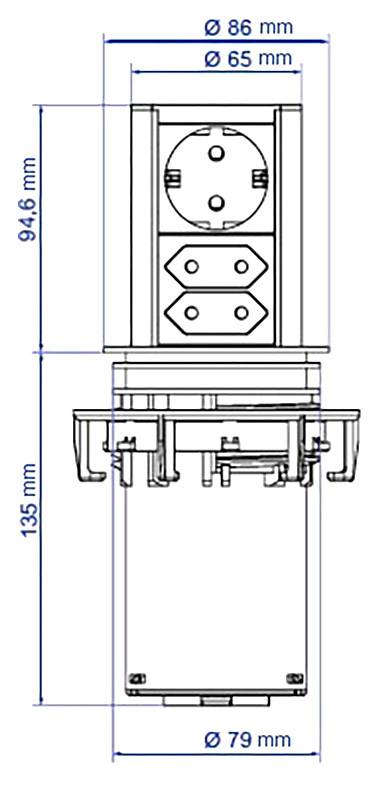 Technický výkres elektrickej zásuvky s rozmermi: priemer 86 mm, výška 135 mm, priemer základne 79 mm.