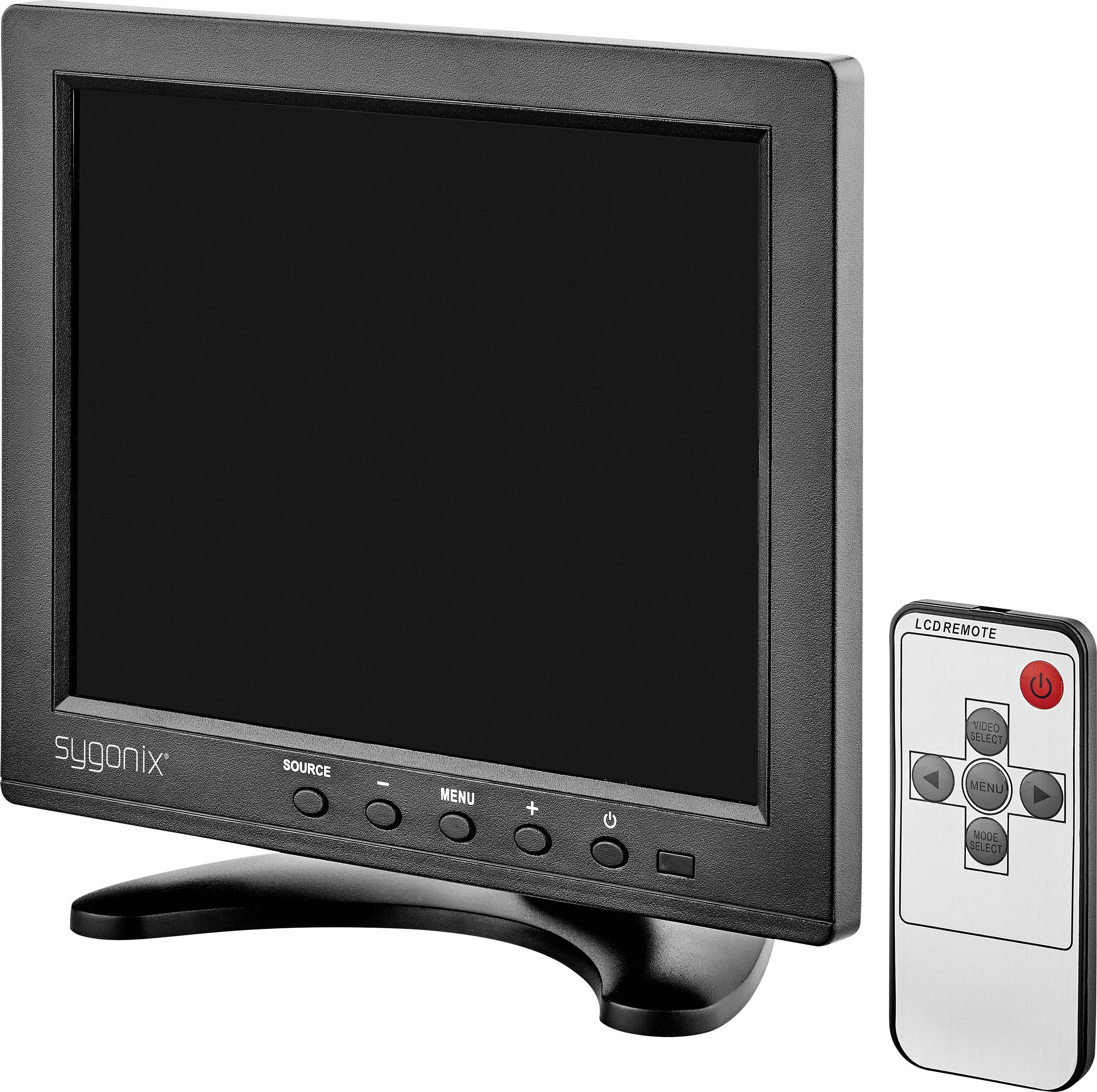 Čierny monitor Sygonix s diaľkovým ovládačom v bielej a šedej farbe. Obrazovka je vypnutá a monitor stojí na stole.