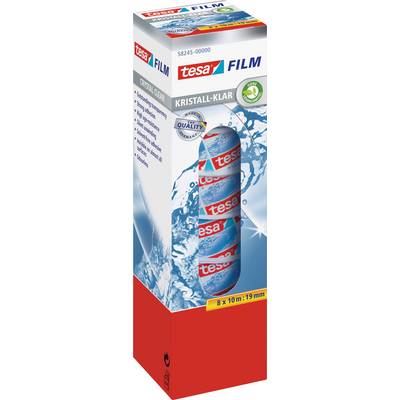 Balenie Tesa Crystal Clear pásky, zobrazuje osem roliek lepiacej pásky. Text na obale zdôrazňuje vysokú priehľadnosť.