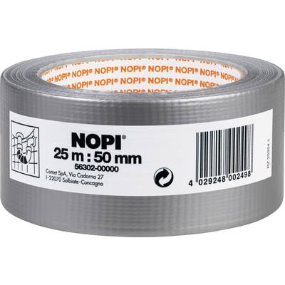 Sivá textilná páska značky 'NOPI' s rozmermi 25 m x 50 mm, navinutá na rolke. Čierny štítok s čiarovým kódom a informáciami o výrobcovi.