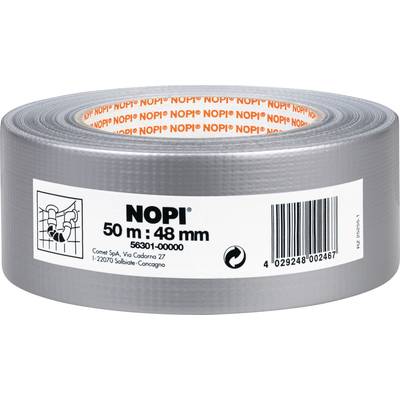Sivá lepiaca páska značky 'NOPI', 50 m dlhá a 48 mm široká, navinutá na rolke. Etiketa zobrazuje čiarový kód a informácie o výrobcovi.