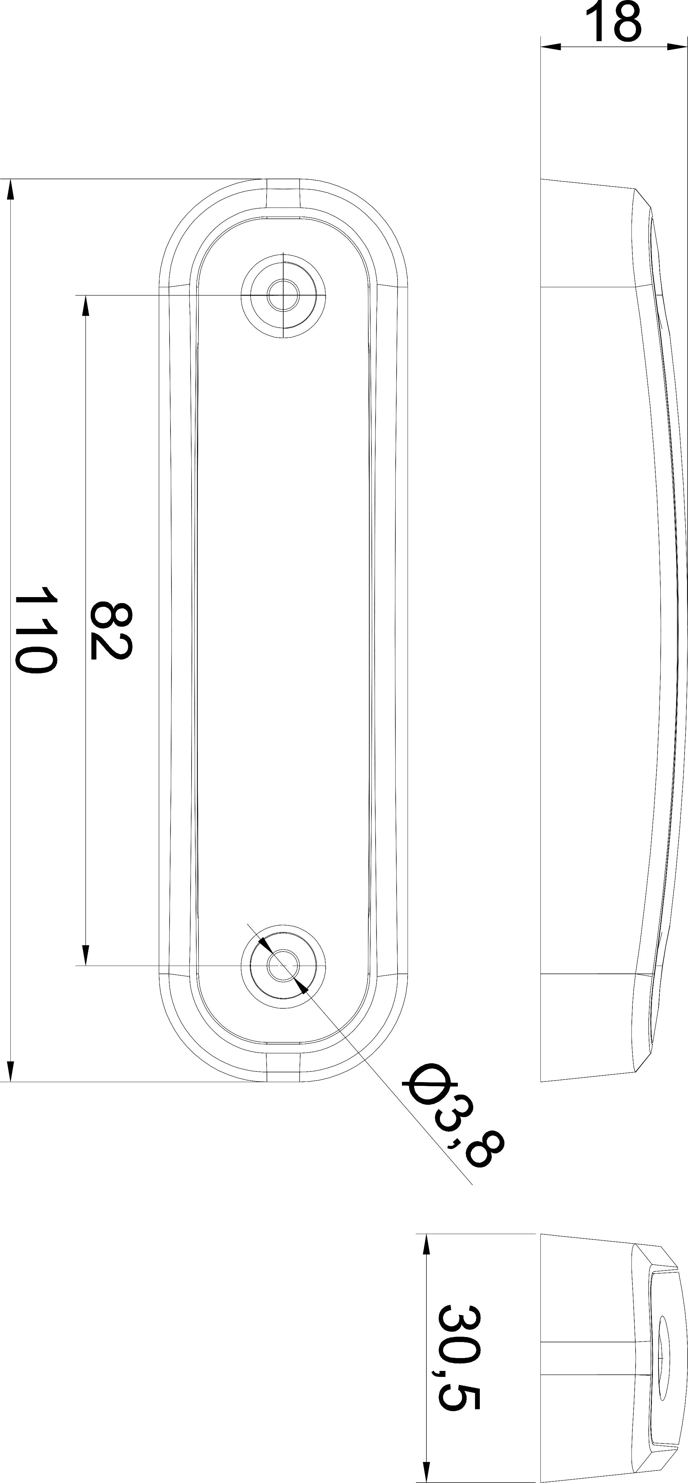 Technický výkres rukoväte: Dĺžka 110 mm, šírka 18 mm, výška 30,5 mm, priemer otvoru 3,8 mm. Bočný a predný pohľad.