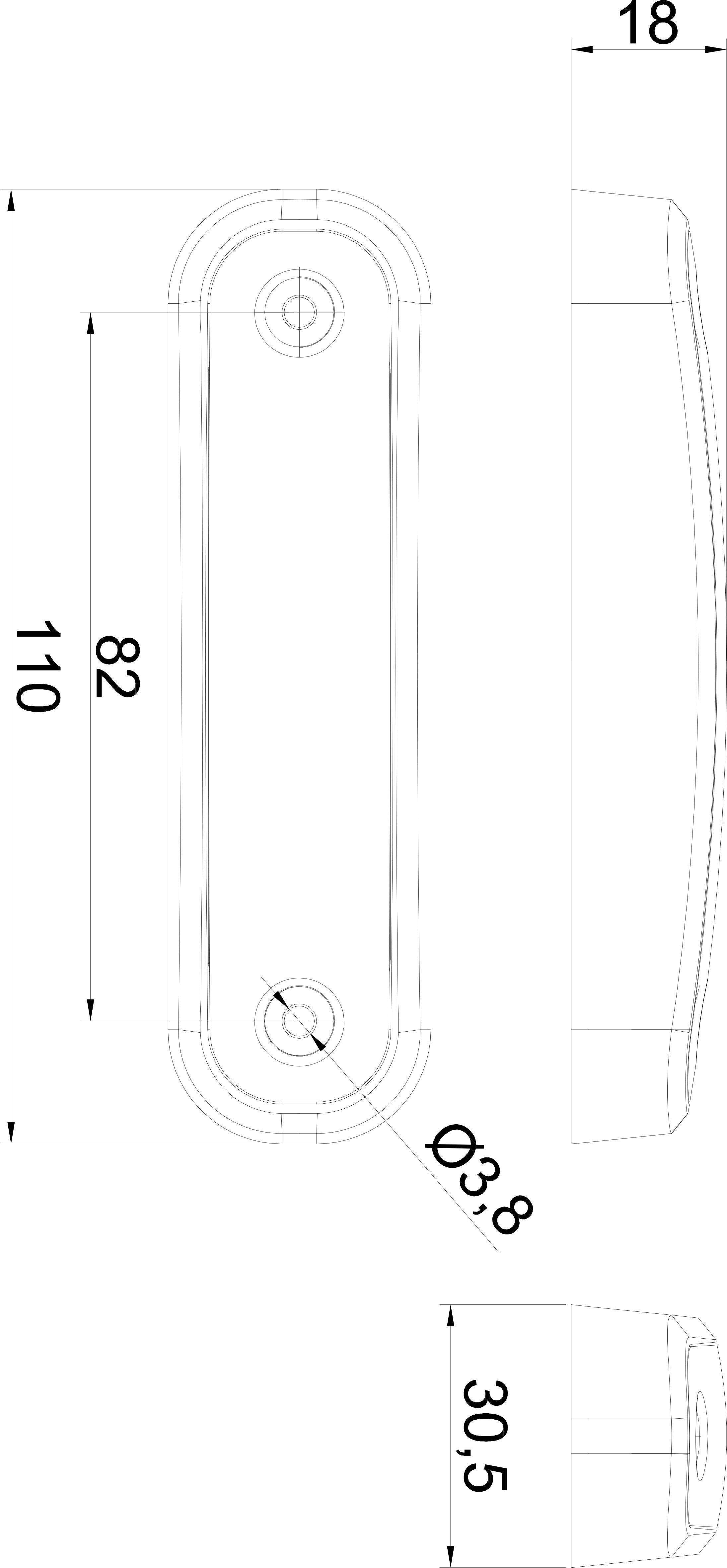 Technický výkres oválnej nábytkovej kľučky s rozmermi: dĺžka 110 mm, šírka 18 mm, priemer otvoru 3,8 mm, výška 30,5 mm.