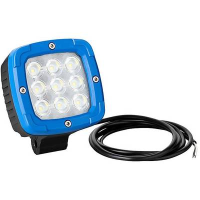 Štvorcový LED pracovný reflektor s modrým lemovaním a deviatimi viditelnými LED diódami. Vedľa neho leží čierny kábel.