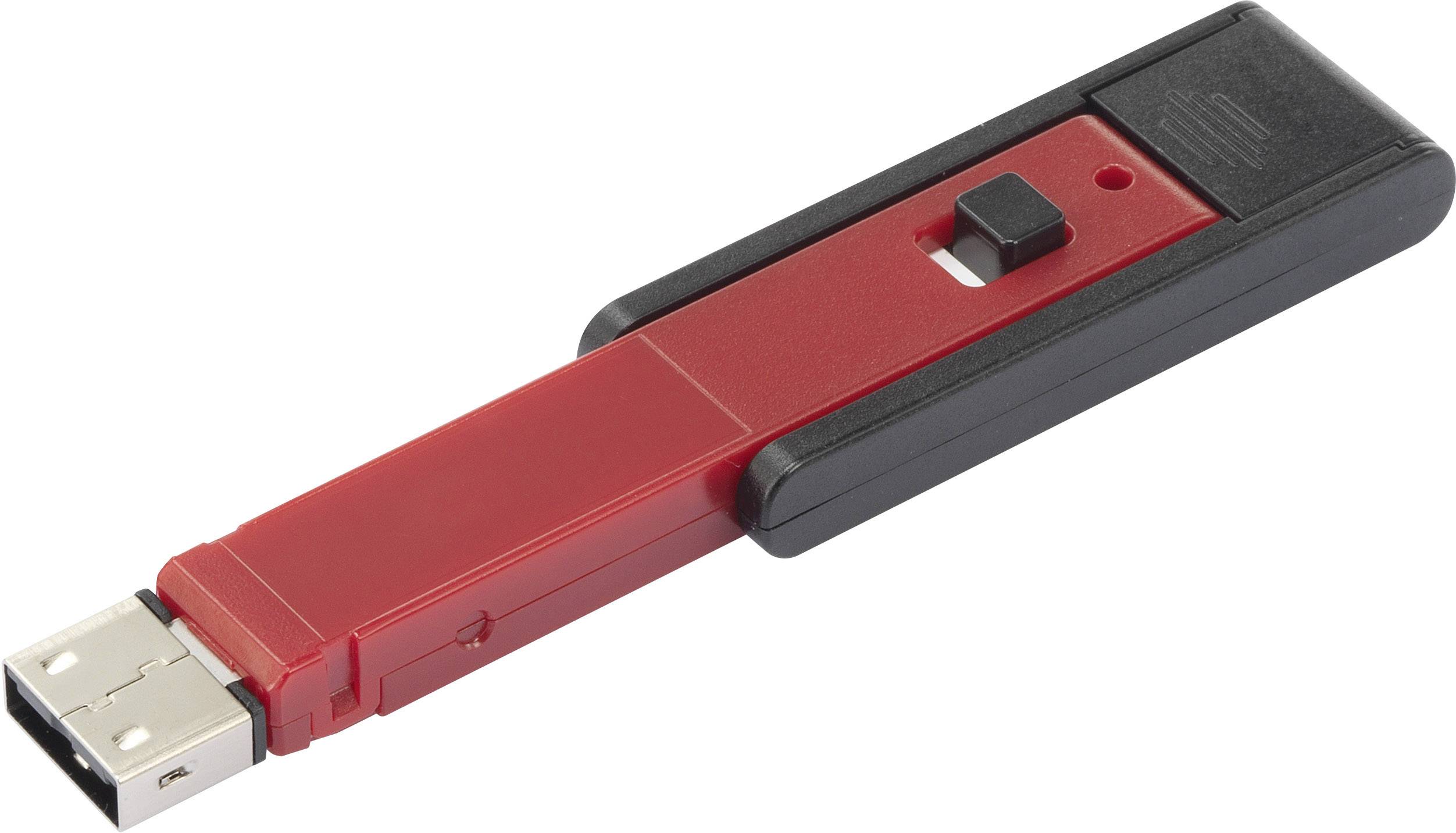 Červený a čierny USB kľúč s posuvným mechanizmom na rozšírenie pripojenia.