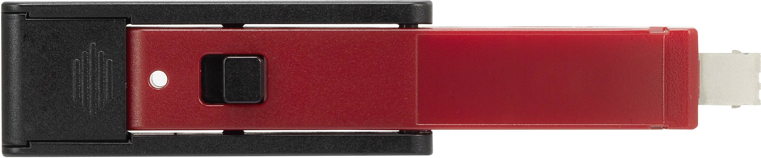 Červený USB kľúč s čiernym krytom a bočným posuvným mechanizmom na pripojenie.