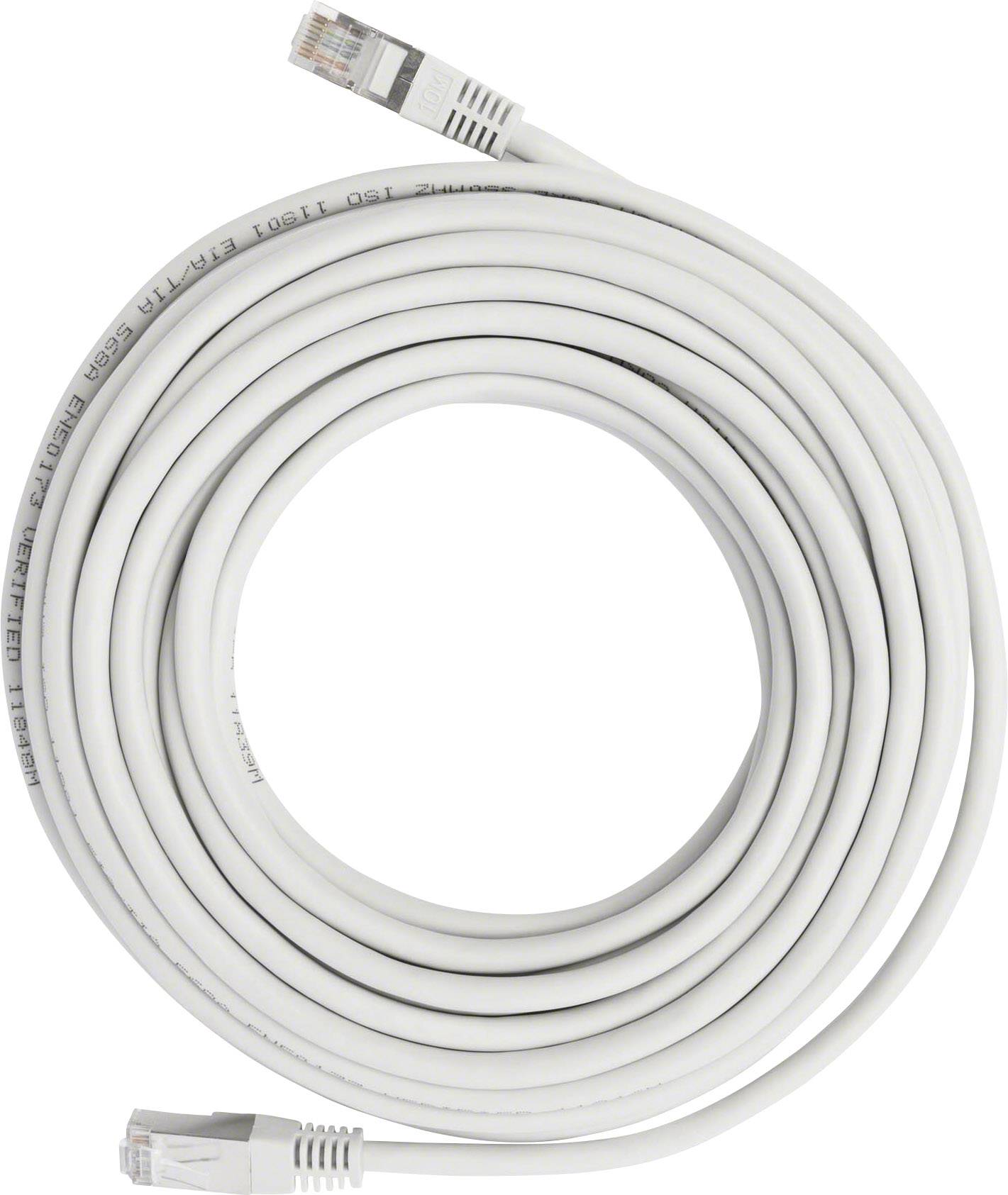 Biely ethernetový kábel, zvinutý pozdĺžne, s konektormi RJ45 na oboch koncoch, vhodný pre sieťové pripojenia.