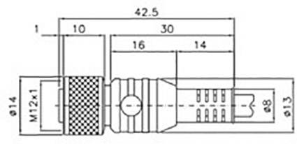 Technický výkres valcového konektora s rozmermi: celková dĺžka 42,5 mm, závit M12x1, priemer 14 mm.