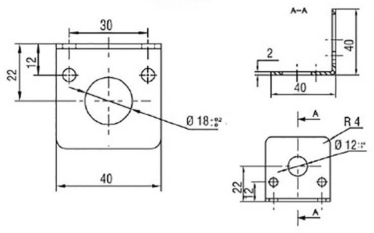 Technický výkres príslušenstva s rozmermi: šírka 40 mm, výška 40 mm, centrálny otvor priemer 18 mm, bočný otvor priemer 12 mm.