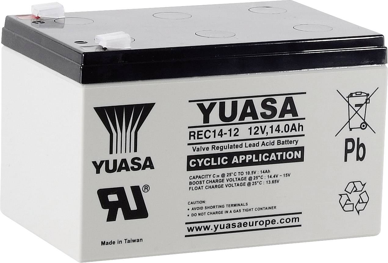 Batéria Yuasa, model REC14-12, 12V, 14Ah. Vhodná pre cyklické použitie. Čierna horná strana s konektormi, biele strany s potlačou.
