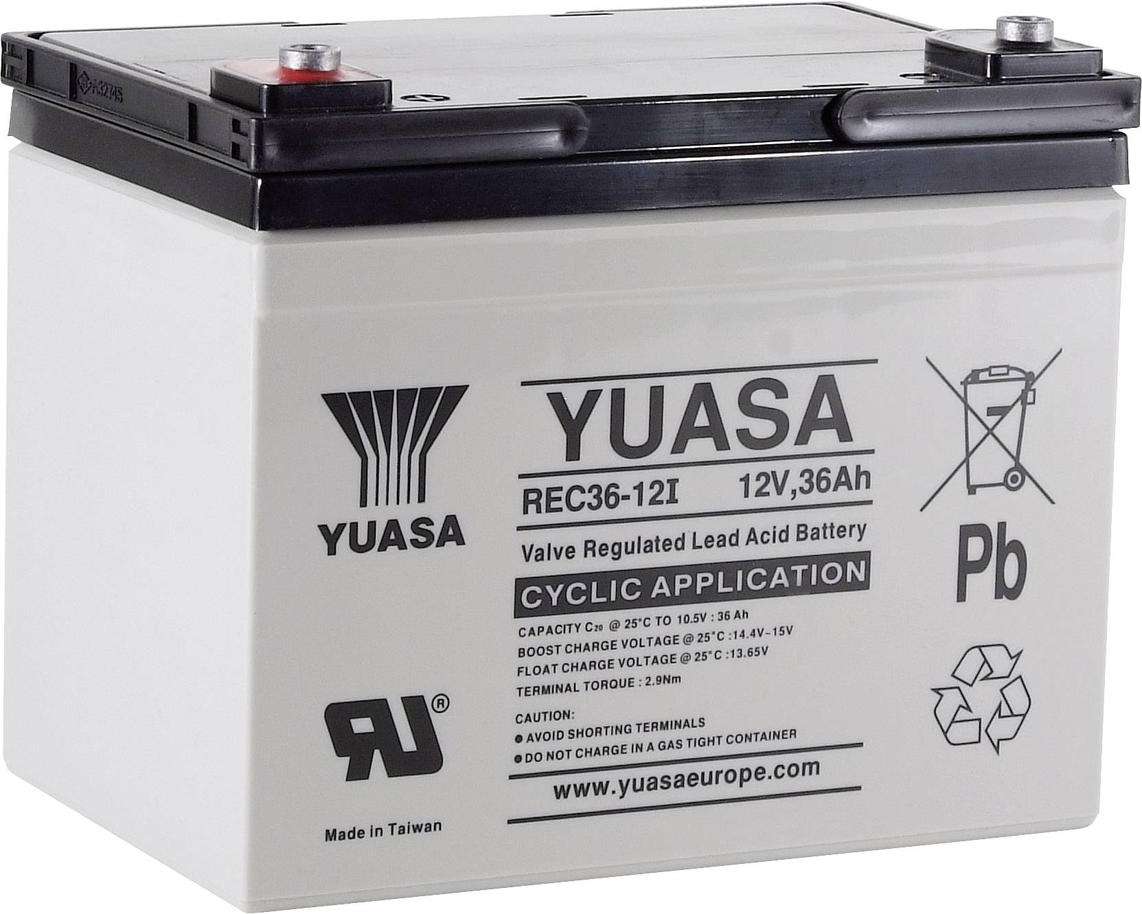 Olovený akumulátor Yuasa, model REC36-12I, 12V, 36Ah, určený pre cyklické použitie. Obsahuje symboly recyklácie a bezpečnosti.