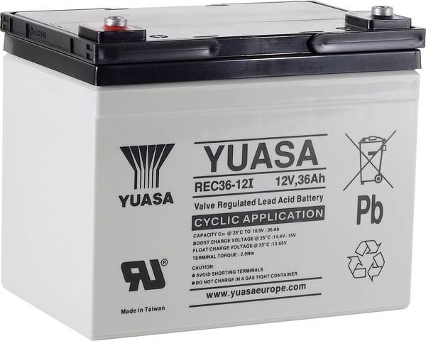 Yuasa REC36-12 YUAREC3612 olovený akumulátor 12 V 36 Ah olovený so skleneným rúnom (š x v x h) 196 x 169 x 130 mm skrutkované M5  nebadateľné vybíjanie, nenáročné na obsluhu, odolné proti viacerým cyklom