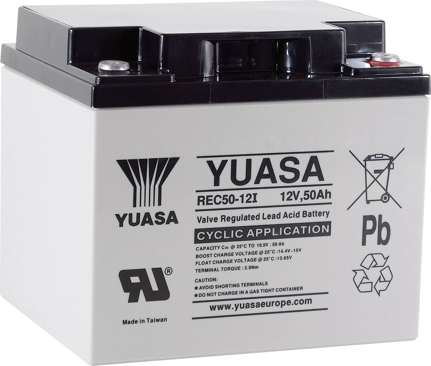 Olovený akumulátor Yuasa, model REC50-12I, 12V, 50Ah. Použitie v priemyselnom a cyklickom sektore.