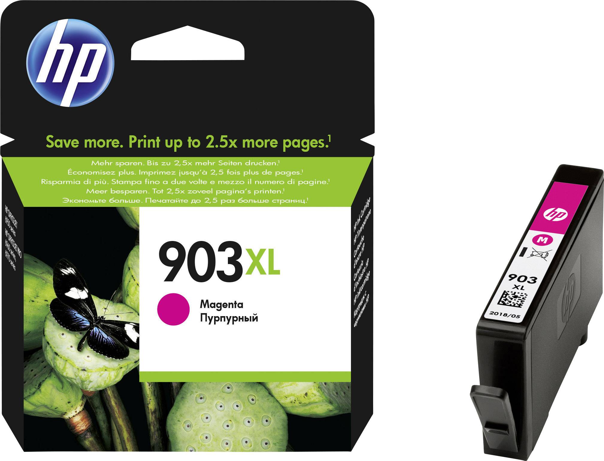 Atramentová kazeta HP 903XL v magentovej farbe, znázornená v balení a ako jednotlivá kazeta. Väčší výťažok, vhodná pre atramentové tlačiarne HP.
