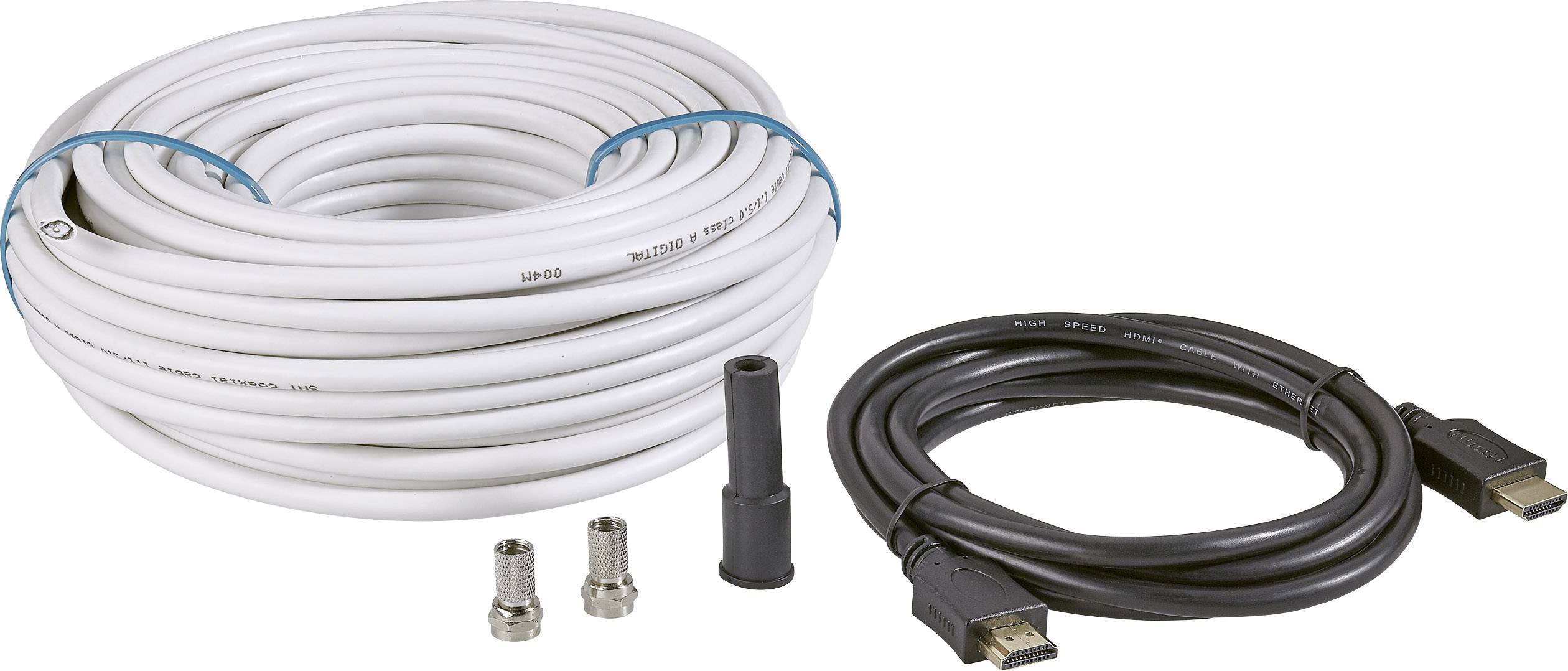 Biele koaxiálne káble, dva F-konektory, objímka a čierny HDMI kábel. Príslušenstvo káblov pre spojovacie účely.