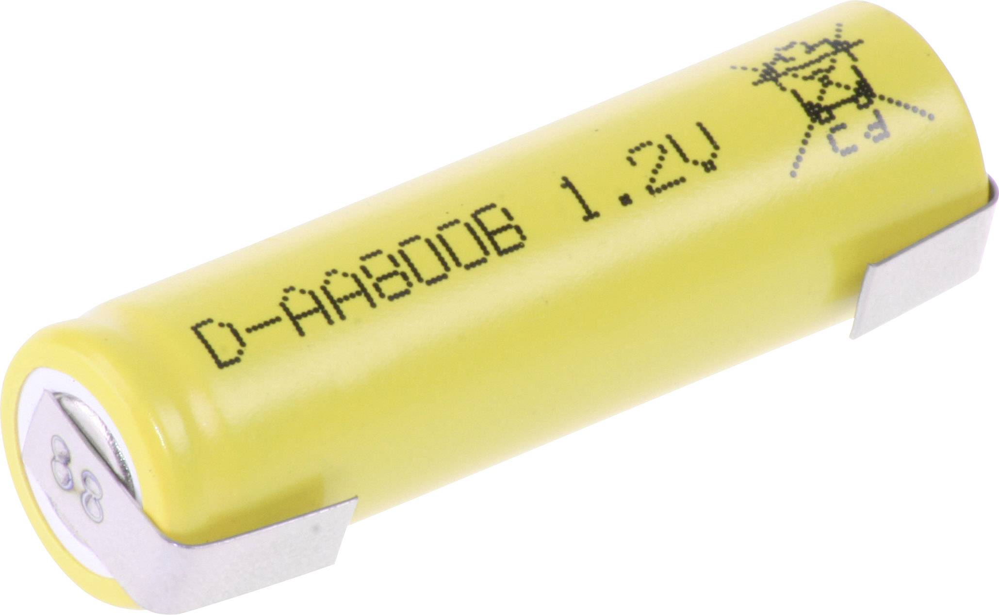 Žltý AA akumulátor s nápisom 'D-AA800B 1.2V' a prečiarknutým symbolom smetnej nádoby, ktorý poukazuje na správnu likvidáciu.