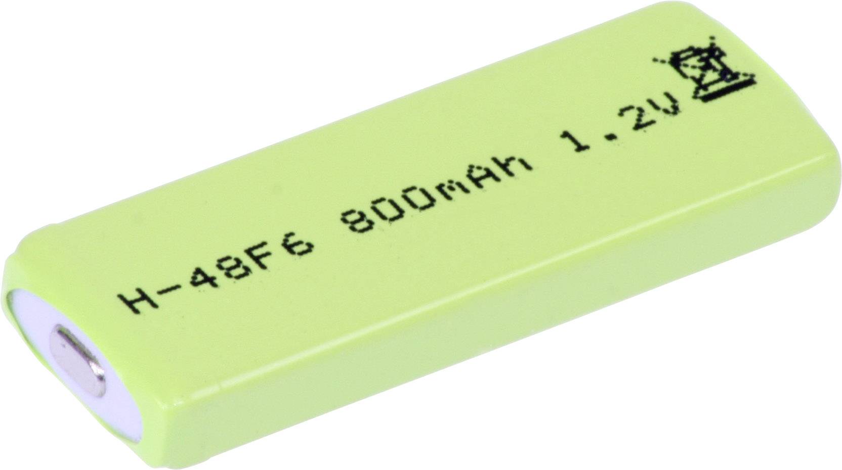 Zelená, valcovitá batéria s nápisom 'H-48F6 800mAh 1.2V', s vytlačeným symbolom v pravom hornom rohu.