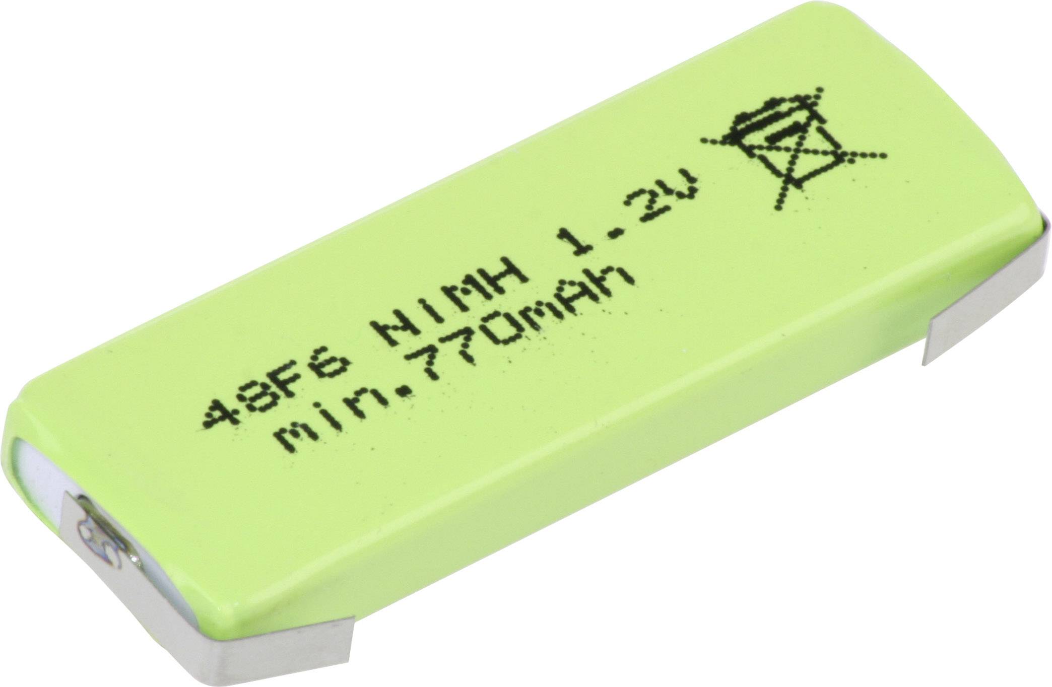 Zelená batéria s nápisom '48F6 NiMH 1.2V min. 770mAh', symbol zakazujúci likvidáciu v domovom odpade.