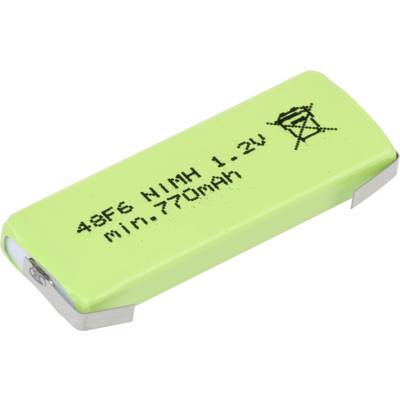Zelená batéria s nápisom '48F6 NiMH 1.2V min. 770mAh', symbol zakazujúci likvidáciu v domovom odpade.