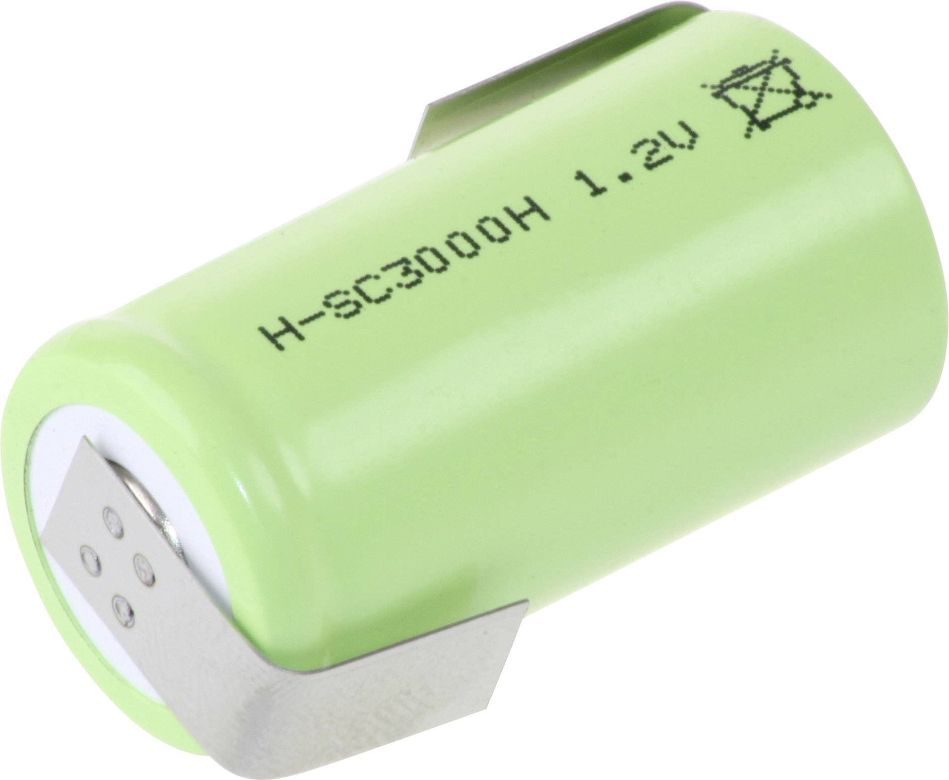 Zelená nabíjateľná batéria s nápisom "H-SC3000H 1.2V", zobrazujúca kontaktné body na koncoch.